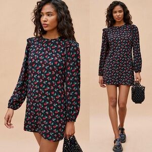 REFORMATION 90s Cherry Print Puff Long Sleeve Ruffle Shoulder‎ Tie Waist Dress S